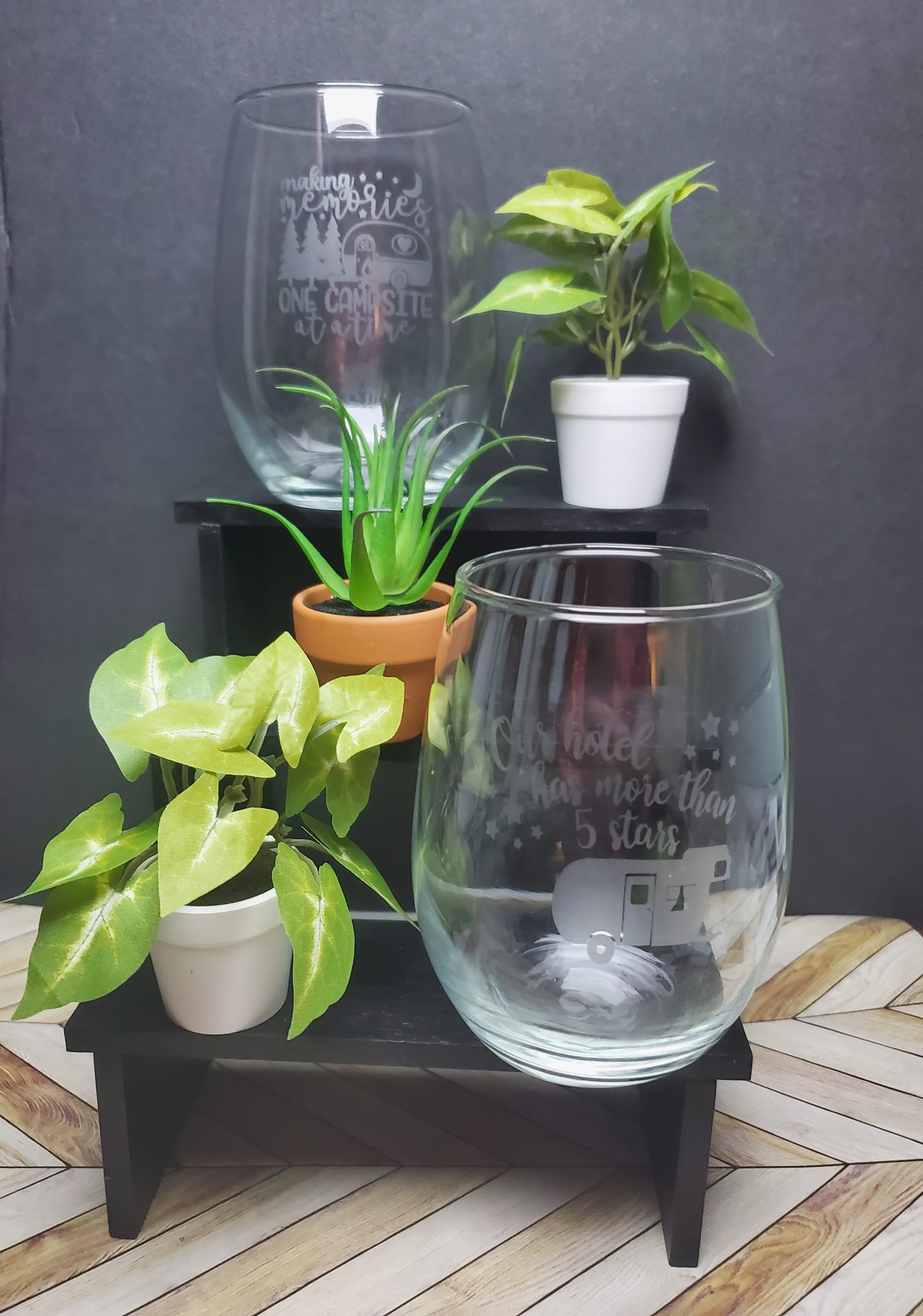 Etched Stemless Wine Glasses