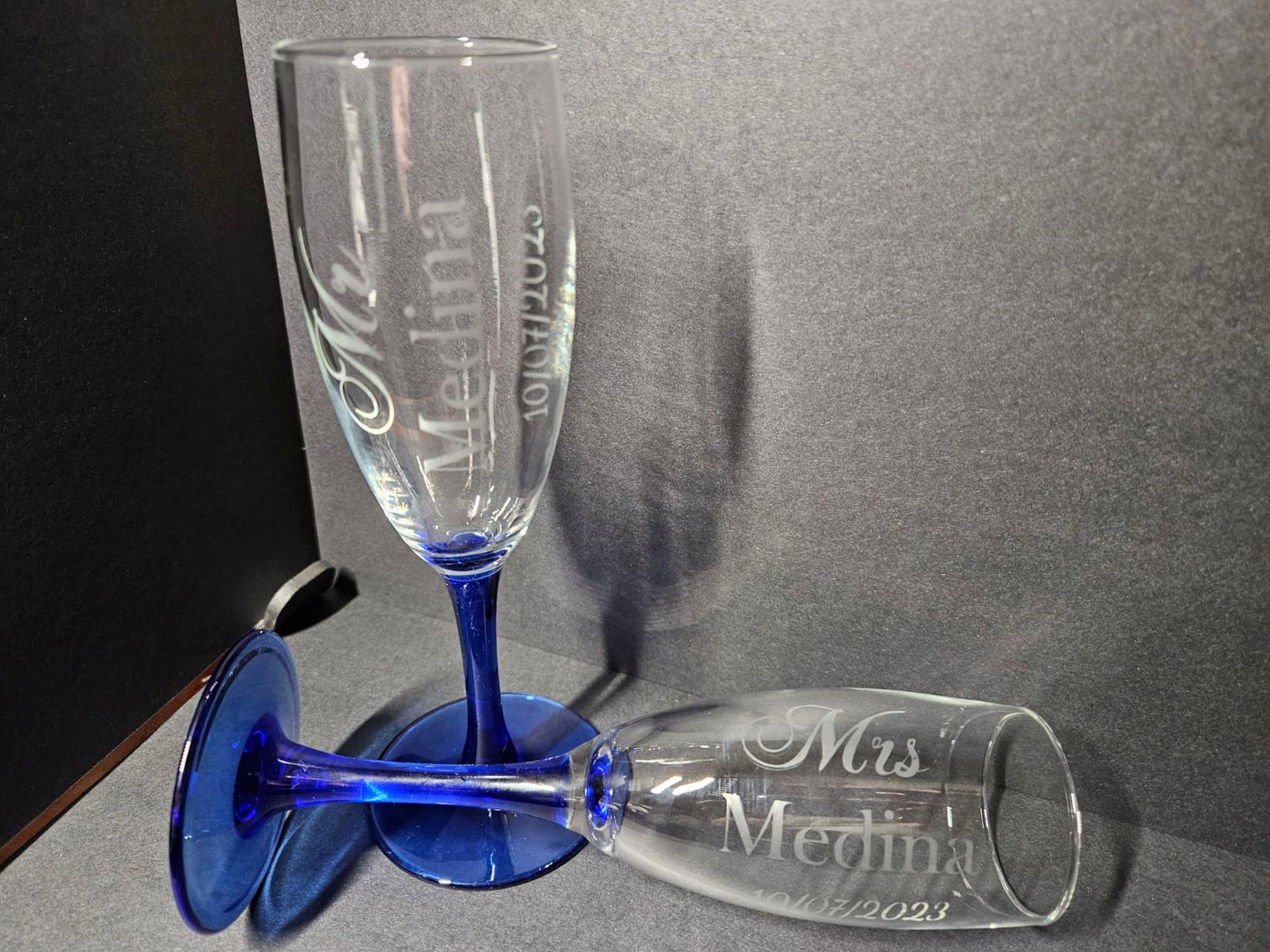 Indigo stemmed champagne glasses